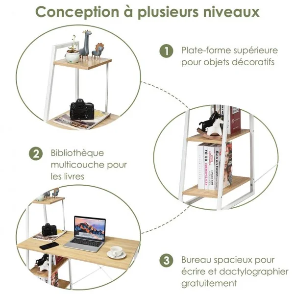 Bureau Moderne Table de Travail avec 3 Tablettes Capacité 100 Kg Structure en Acier 100x50xx118cm Blanc+Chêne