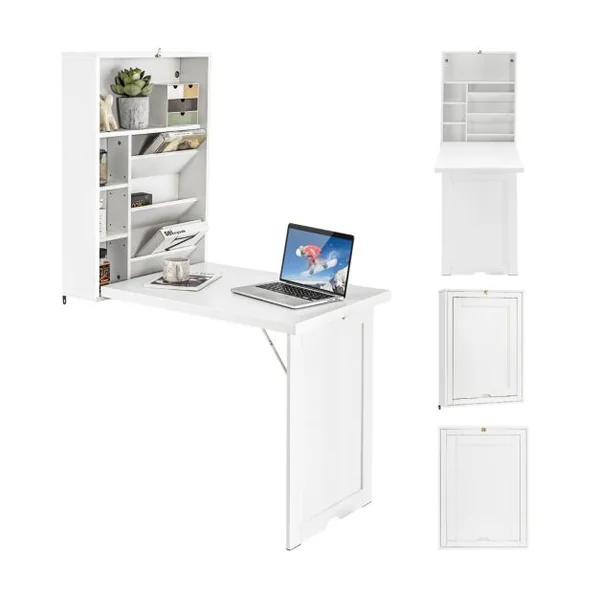 Bureau Mural Pliable Étagère Réglable à 3 Positions Espace de Stockage Indépendant Multicouche Économiser de l'Espace