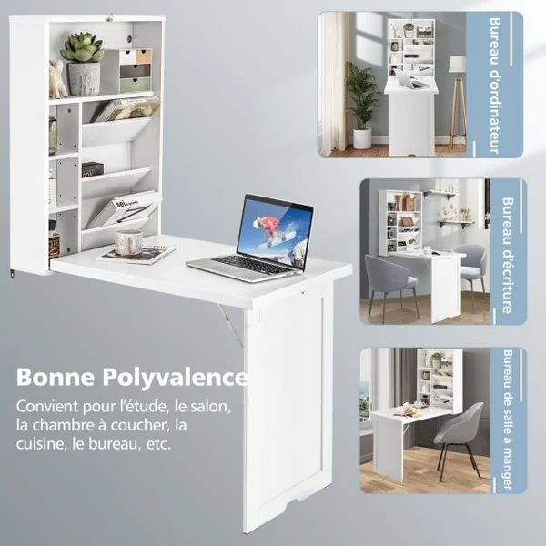 Bureau Mural Pliable Étagère Réglable à 3 Positions Espace de Stockage Indépendant Multicouche Économiser de l'Espace