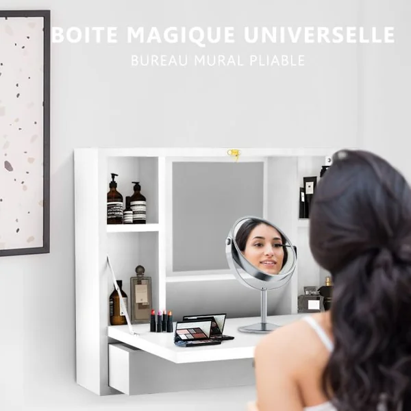 Bureau Mural Rabattable Table Murale avec Etagère Intégrée Capacité Du Bureau 20 Kg en Mdf 60x50,5x50cm Blanc