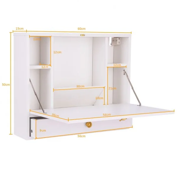 Bureau Mural Rabattable Table Murale avec Etagère Intégrée Capacité Du Bureau 20 Kg en Mdf 60x50,5x50cm Blanc
