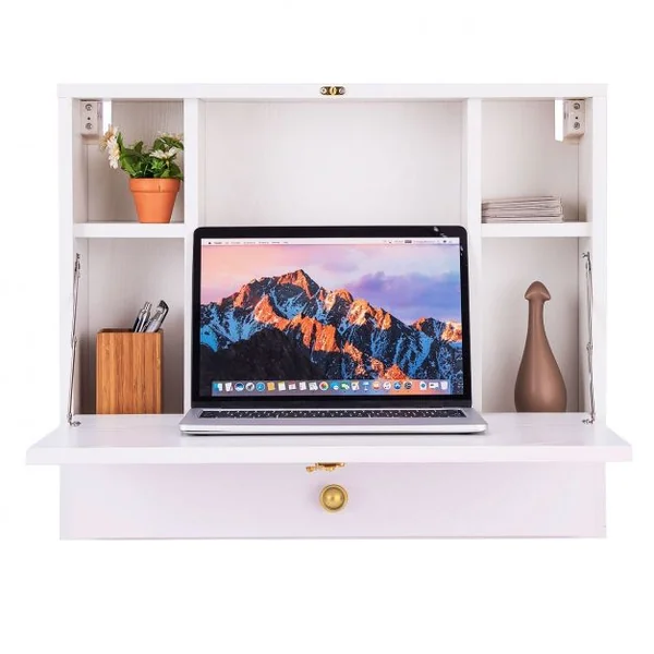 Bureau Mural Rabattable Table Murale avec Etagère Intégrée Capacité Du Bureau 20 Kg en Mdf 60x50,5x50cm Blanc