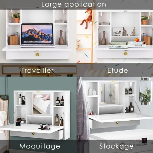 Bureau Mural Rabattable Table Murale avec Etagère Intégrée Capacité Du Bureau 20 Kg en Mdf 60x50,5x50cm Blanc