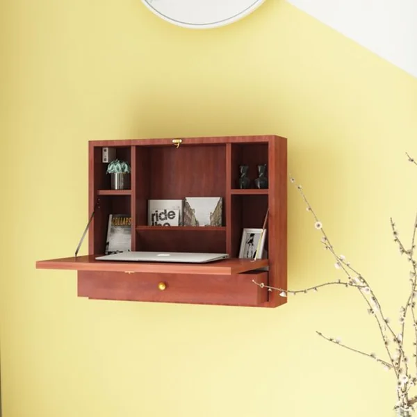 Bureau Mural Rabattable Table Murale avec Etagère Intégrée Capacité Du Bureau 20 Kg en MDF 60x50,5x50cm Marron