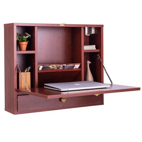 Bureau Mural Rabattable Table Murale avec Etagère Intégrée Capacité Du Bureau 20 Kg en MDF 60x50,5x50cm Marron