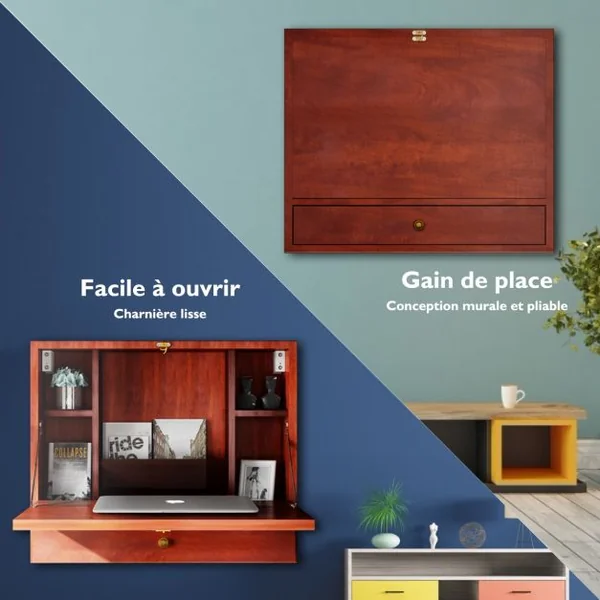 Bureau Mural Rabattable Table Murale avec Etagère Intégrée Capacité Du Bureau 20 Kg en MDF 60x50,5x50cm Marron