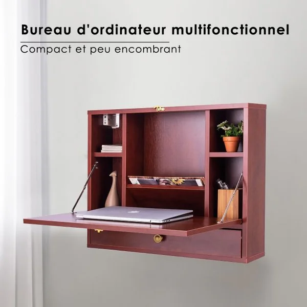Bureau Mural Rabattable Table Murale avec Etagère Intégrée Capacité Du Bureau 20 Kg en MDF 60x50,5x50cm Marron