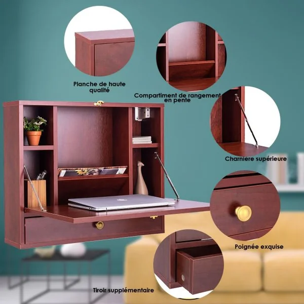 Bureau Mural Rabattable Table Murale avec Etagère Intégrée Capacité Du Bureau 20 Kg en MDF 60x50,5x50cm Marron