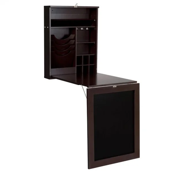 Bureau Mural Rabattable Table Murale Pliable avec Compartiments Intégrés et Plateau Inscriptible 60 x 15 x 76 cm Marron