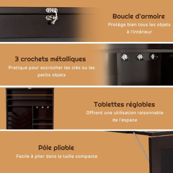Bureau Mural Rabattable Table Murale Pliable avec Compartiments Intégrés et Plateau Inscriptible 60 x 15 x 76 cm Marron
