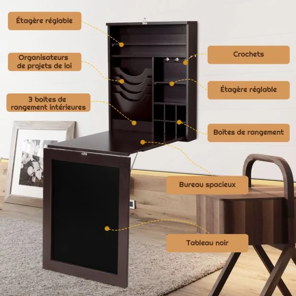 Bureau Mural Rabattable Table Murale Pliable avec Compartiments Intégrés et Plateau Inscriptible 60 x 15 x 76 cm Marron
