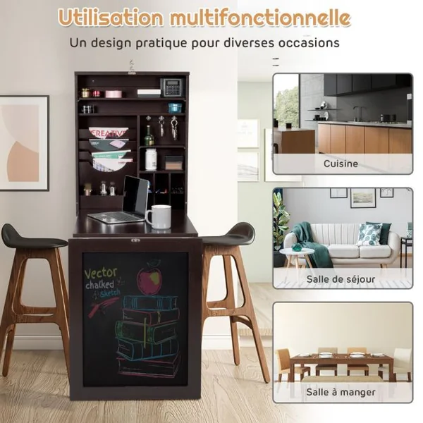 Bureau Mural Rabattable Table Murale Pliable avec Compartiments Intégrés et Plateau Inscriptible 60 x 15 x 76 cm Marron