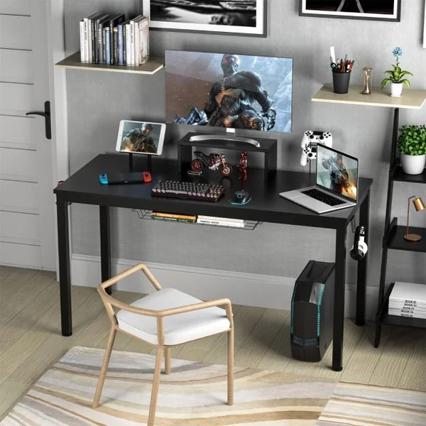 Bureau / Table de Travail 140 x 60 x 74 cm (L x l x H) Etagère pour Ecran Support pour Tablette Crochet Casque