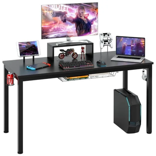 Bureau / Table de Travail 140 x 60 x 74 cm (L x l x H) Etagère pour Ecran Support pour Tablette Crochet Casque