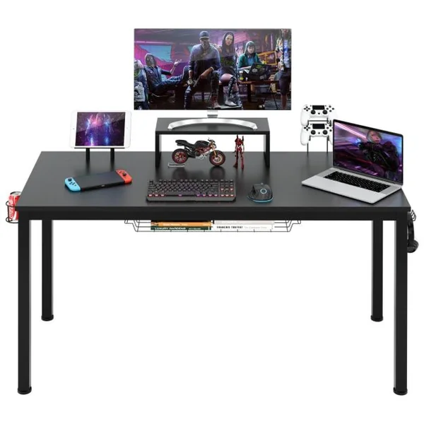 Bureau / Table de Travail 140 x 60 x 74 cm (L x l x H) Etagère pour Ecran Support pour Tablette Crochet Casque