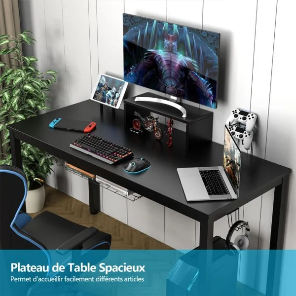 Bureau / Table de Travail 140 x 60 x 74 cm (L x l x H) Etagère pour Ecran Support pour Tablette Crochet Casque