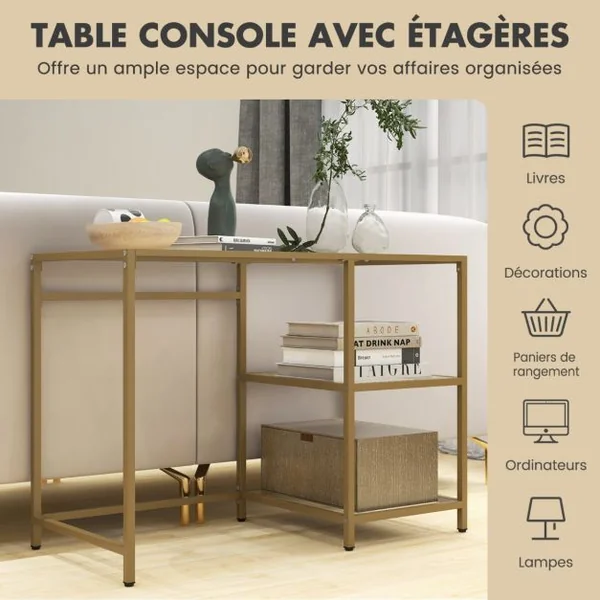 Bureau Transparent à 2 Étagères 106 x 51 x 76 CM en Verre Trempé Cadre en Métal Doré Style Scandinave Moderne Or