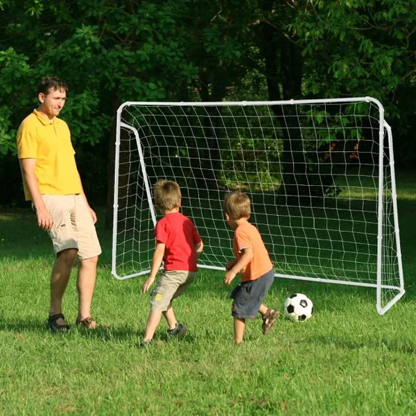 But de Football Enfant Exterieur 215 x 152 cm Cage de Foot avec Filet Résistant aux Intempéries et cadre en Métal Piquets de Sol