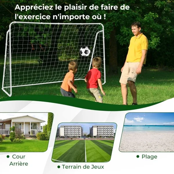 But de Football Enfant Exterieur 215 x 152 cm Cage de Foot avec Filet Résistant aux Intempéries et cadre en Métal Piquets de Sol