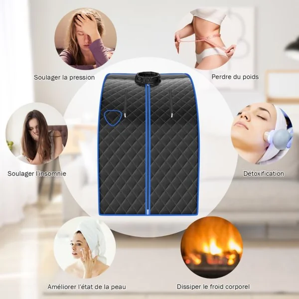 Cabine de Sauna Portable Pliable 3L avec Télécommande 9 Options de Minuterie Fonction de Vaporisation Puissance 1000 W Noir/Gris/Argent