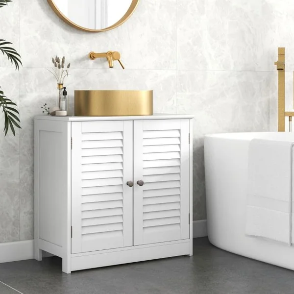 Cabinet Sous Évier Meuble de Salle de Bain Indépendant avec 2 Portes à Persiennes Étagère et Découpe en U Organisateur de Lavabo Blanc