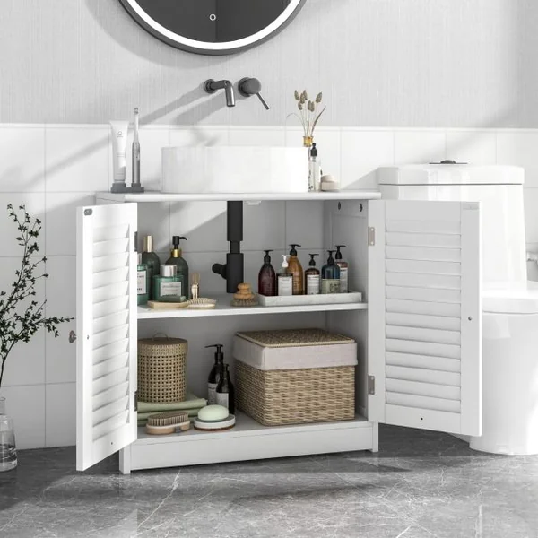 Cabinet Sous Évier Meuble de Salle de Bain Indépendant avec 2 Portes à Persiennes Étagère et Découpe en U Organisateur de Lavabo Blanc