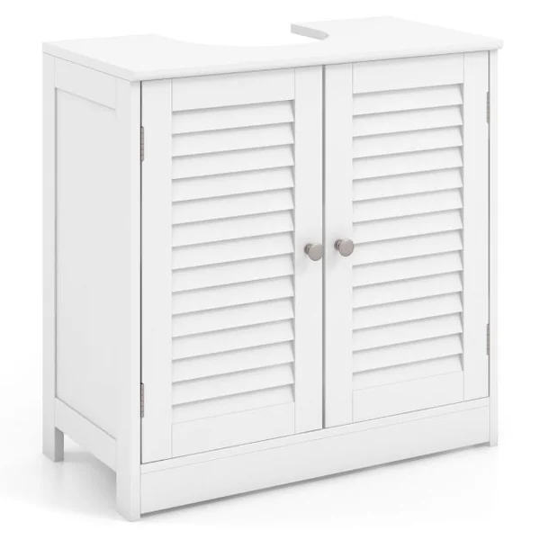 Cabinet Sous Évier Meuble de Salle de Bain Indépendant avec 2 Portes à Persiennes Étagère et Découpe en U Organisateur de Lavabo Blanc