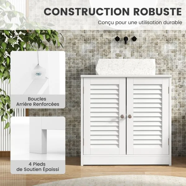 Cabinet Sous Évier Meuble de Salle de Bain Indépendant avec 2 Portes à Persiennes Étagère et Découpe en U Organisateur de Lavabo Blanc