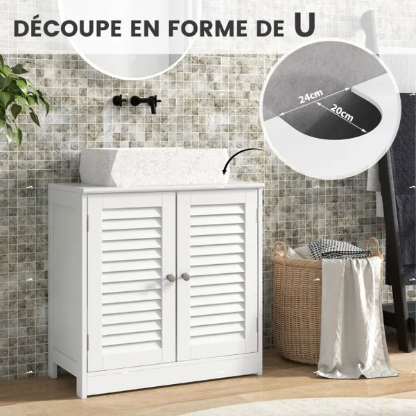 Cabinet Sous Évier Meuble de Salle de Bain Indépendant avec 2 Portes à Persiennes Étagère et Découpe en U Organisateur de Lavabo Blanc