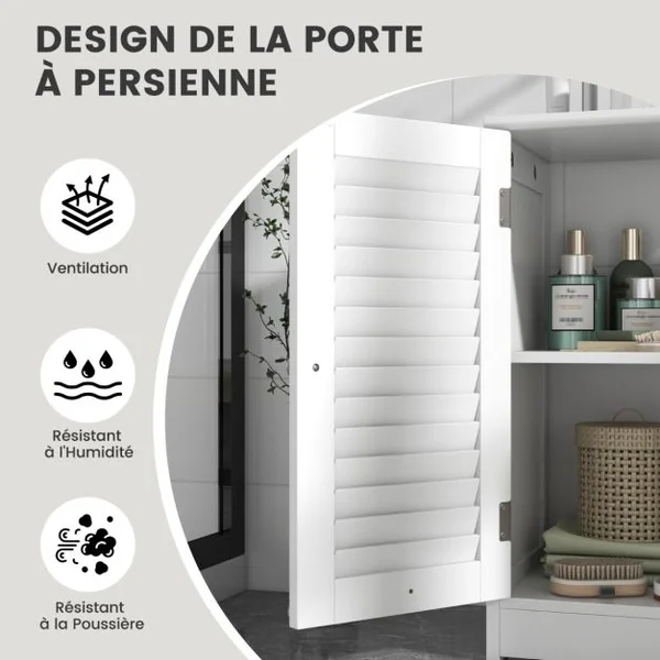 Cabinet Sous Évier Meuble de Salle de Bain Indépendant avec 2 Portes à Persiennes Étagère et Découpe en U Organisateur de Lavabo Blanc
