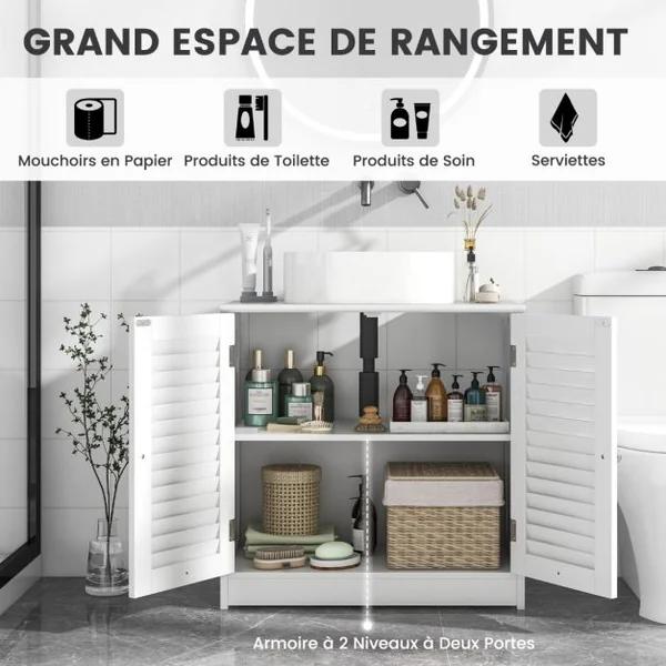 Cabinet Sous Évier Meuble de Salle de Bain Indépendant avec 2 Portes à Persiennes Étagère et Découpe en U Organisateur de Lavabo Blanc