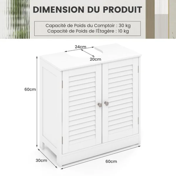 Cabinet Sous Évier Meuble de Salle de Bain Indépendant avec 2 Portes à Persiennes Étagère et Découpe en U Organisateur de Lavabo Blanc