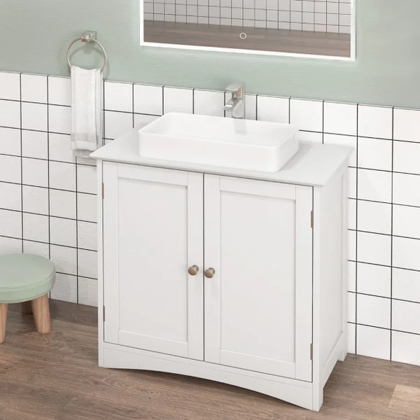 Cabinet Sous Évier Meuble de Salle de Bain Indépendant avec 2 Portes Étagère et Découpe en U Organisateur de Lavabo Blanc