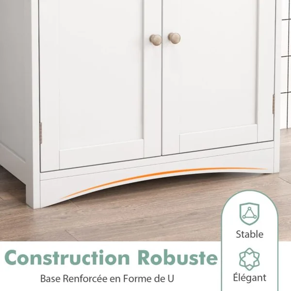 Cabinet Sous Évier Meuble de Salle de Bain Indépendant avec 2 Portes Étagère et Découpe en U Organisateur de Lavabo Blanc