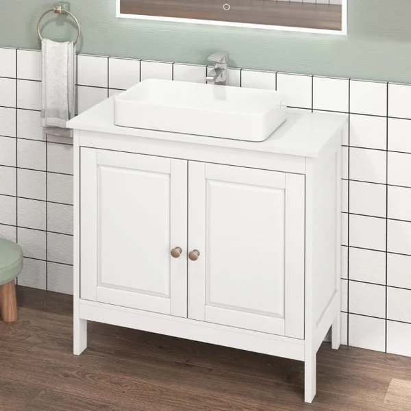 Cabinet Sous Évier Meuble Indépendant avec 2 Portes Étagère Réglable en 3 Positions et Découpe en U Organisateur de Lavabo Blanc