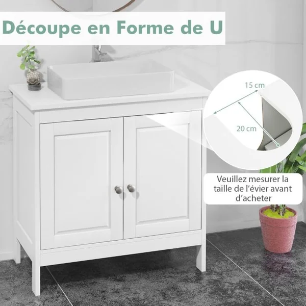 Cabinet Sous Évier Meuble Indépendant avec 2 Portes Étagère Réglable en 3 Positions et Découpe en U Organisateur de Lavabo Blanc