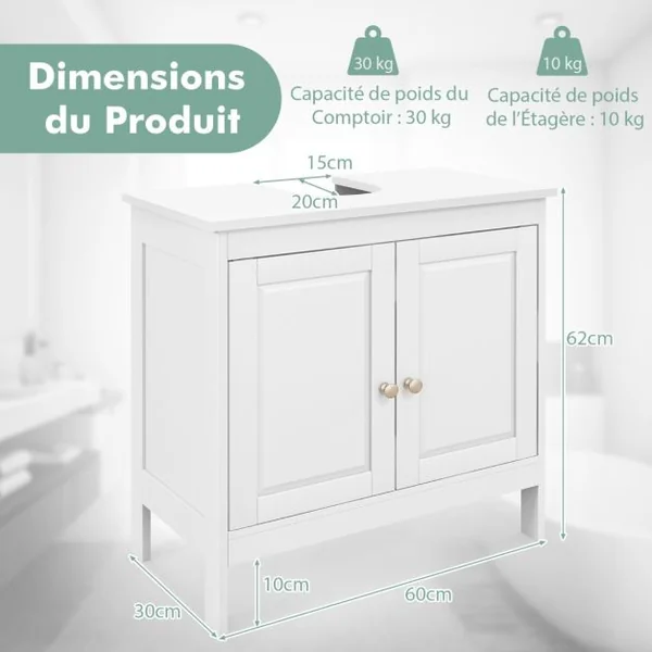 Cabinet Sous Évier Meuble Indépendant avec 2 Portes Étagère Réglable en 3 Positions et Découpe en U Organisateur de Lavabo Blanc
