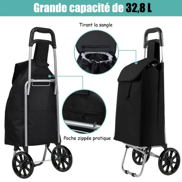 Caddie pliant 35 L / 35 Kg à roulettes Chariot de courses pliable avec 2 roues et sac amovible pour courses marché bureau