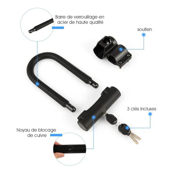 Cadenas Antivol de Vélo Serrure en Forme U avec 3 Clés Câble de Sécurité 120 M Support de Fixation Sur Cadre Noir