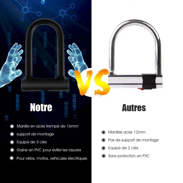 Cadenas Antivol de Vélo Serrure en Forme U avec 3 Clés Câble de Sécurité 120 M Support de Fixation Sur Cadre Noir