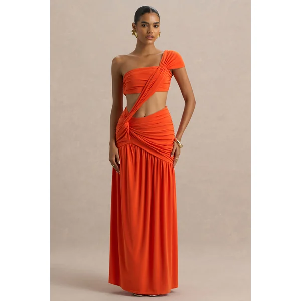 Cadiz | Robe Longue Orange Asymétrique à Découpes et Dos Ouvert