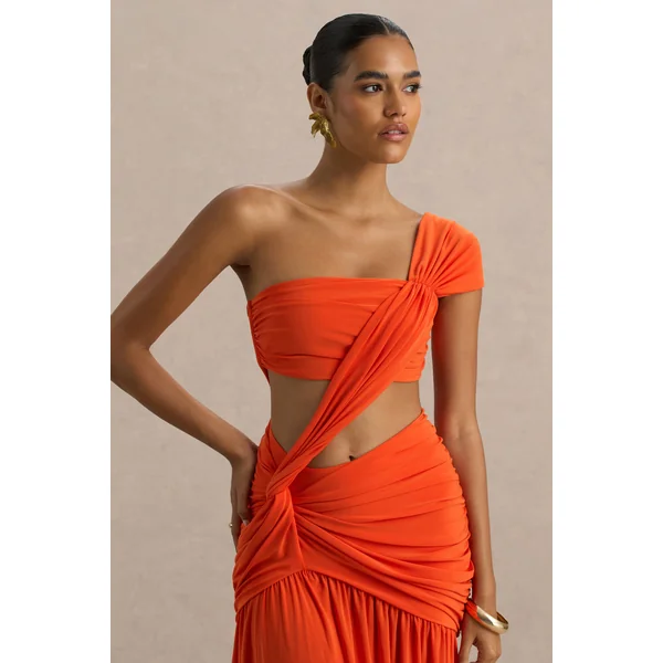 Cadiz | Robe Longue Orange Asymétrique à Découpes et Dos Ouvert