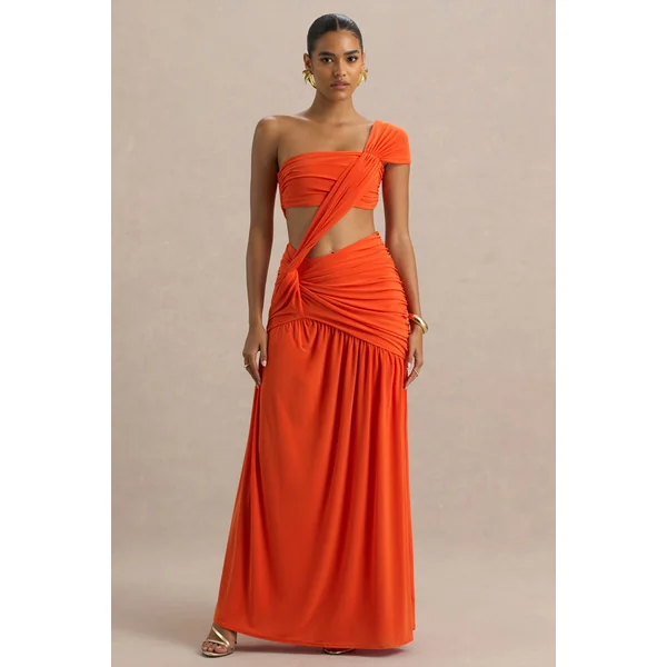 Cadiz | Robe Longue Orange Asymétrique à Découpes et Dos Ouvert