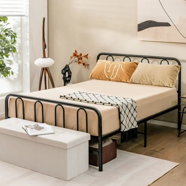 Cadre de Lit 140 x 190 avec Sommier en Métal 32 cm Lit Double pour Adulte Support de Lattes en Acier avec Rangement sous Le Lit Noir