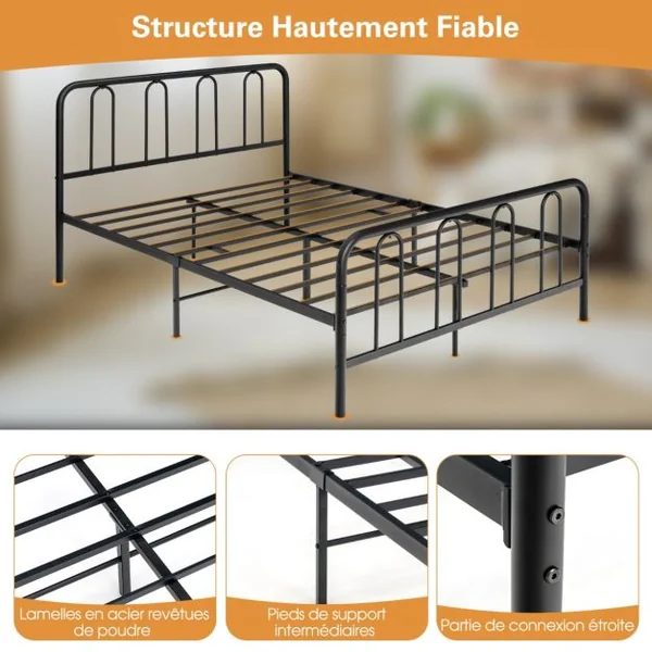 Cadre de Lit 140 x 190 avec Sommier en Métal 32 cm Lit Double pour Adulte Support de Lattes en Acier avec Rangement sous Le Lit Noir