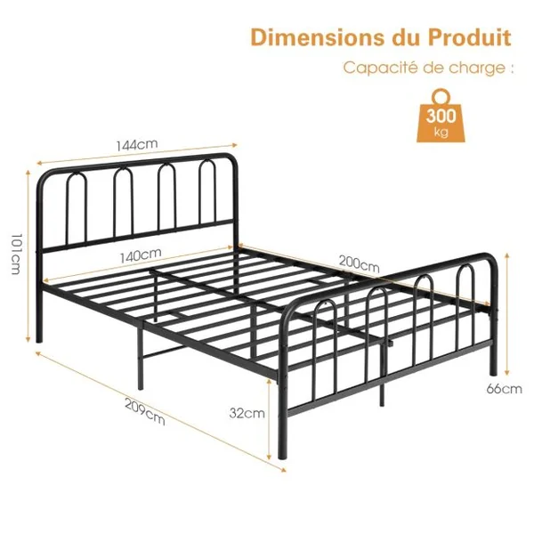 Cadre de Lit 140 x 190 avec Sommier en Métal 32 cm Lit Double pour Adulte Support de Lattes en Acier avec Rangement sous Le Lit Noir