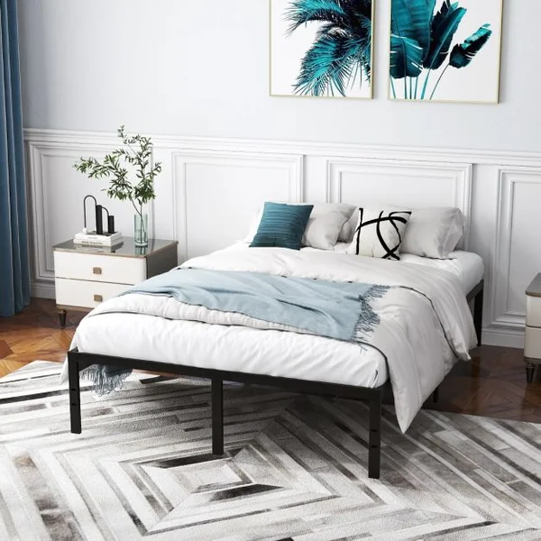 Cadre de Lit King/Queen Size de 36 cm de Haut Lit Plateforme en Métal avec Sommier à Lattes Espace de Rangement Noir