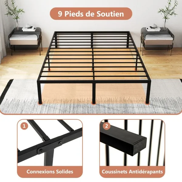Cadre de Lit King/Queen Size de 36 cm de Haut Lit Plateforme en Métal avec Sommier à Lattes Espace de Rangement Noir