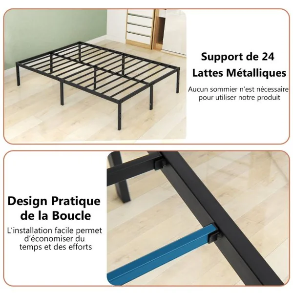Cadre de Lit King/Queen Size de 36 cm de Haut Lit Plateforme en Métal avec Sommier à Lattes Espace de Rangement Noir