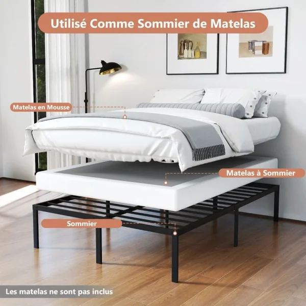 Cadre de Lit King/Queen Size de 36 cm de Haut Lit Plateforme en Métal avec Sommier à Lattes Espace de Rangement Noir